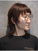 くせ毛多毛ショートウルフボブ顔周りレイヤーバング眼鏡メガネ