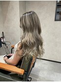 バレイヤージュ、ハイライト、レイヤーロング、グレーベージュ