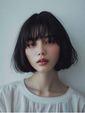 ムウ 難波(MOU) ナチュラルボブワイドバングホワイトブロンド外はね美髪20代30代