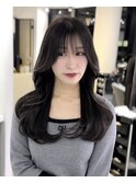【レイヤーロング】似合わせカットフルバング黒髪アッシュカラー