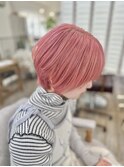 マッシュショートレイヤーボブニュアンスピンクカラーブリーチ