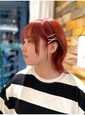 レッドオレンジ/ミニボブ/艶感ストレート/ダブルカラー/美髪