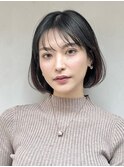 丸みボブ/ワンカールボブ/シースルーバング/アッシュブラック