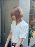 ハイトーンボブケアブリーチカラーミルクティーピンクベージュ