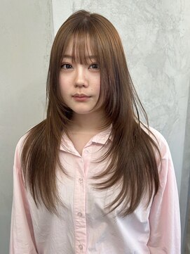 スリー バイ ベルベット 博多(THREE... by velvet) ダブルカラー♪ブリーチなしカラー/レイヤー/顔周りカット/