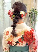 卒業式袴着付け　ふわふわポニーテールアレンジ　着物ヘア