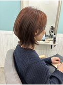 くびれ艶ミディアムレイヤーカットピンクベージュ白髪ぼかし