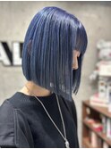 透明感ネイビー前下がりボブ/ケアブリーチケアカラーハイトーン