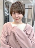 ミニウルフチェリーブラウンブリーチなしショートボブ前髪/横浜