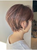 20代30代大人可愛い小顔ボブ前下がりショートコーラルピンク