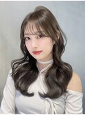 暗めカラーオリーブベージュロング前髪カット韓国ヘア_F0868