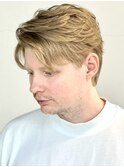 ハーフアップバング ベージュカラー メンズパーマ ショート