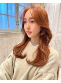 ●レイヤーロング前髪パーマオレンジベージュ韓国ヘア