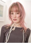 無造作セミロングウルフフェイスレイヤーピンクブラウンカラー