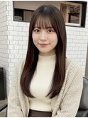 広めバング＋透明感グレージュ