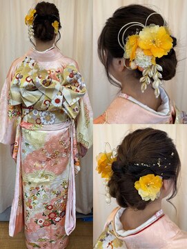 ヘアーメイク ツインズ(Hair Make TWINS) 金箔×黄色花の上品シニヨン