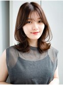 ◯流し前髪薄めバングロングレイヤーカットくびれミディアム美髪