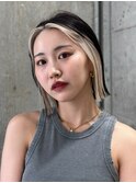 フェイスフレーミングインナーカラーボブ長めグレージュ黒髪30代