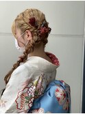 成人式ヘアセット　編みおろし　ツインヘア　編み込み