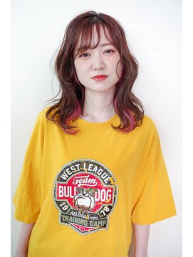 トランク ヘアー デザイン(tranq hair design) ダブルカラーピンクインナーカラー大人セミロング