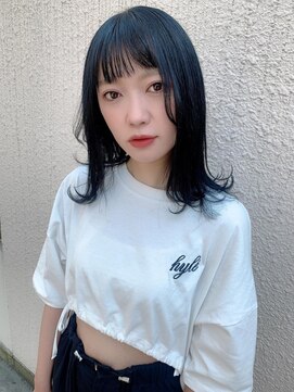 リア(Lia by KENJE) 黒髪　前髪　ブルー　アッシュブラックカラー♪レイヤーロング♪