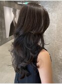 海外風レイヤーロングミディアムハッシュカットデシタルパーマ