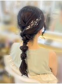 結婚式 二次会 お呼ばれ 編みおろしポニー×銀箔