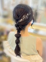 結婚式 二次会 お呼ばれ 編みおろしポニー×銀箔