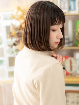 カバーヘア イヴ 戸頭店(COVER HAIR EVE) ぱっつん前髪アースカラー切りっぱなしボブc5戸頭20代30代40代