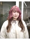 ロングレイヤーカットハイライトピンクブラウンローライトカラー
