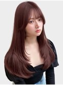 ロングレイヤー　顔周りレイヤー　韓国ヘア　チェリーブラウン