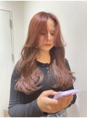 レイヤーカット オレンジ 韓国風ヘア センター分け