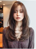 韓国風レイヤー顔回りカットロングレイヤーダークブラウン