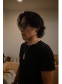 黒髪マレットウルフ波巻きパーマ立川メンズグランジ