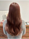 冬カラー艶髪ロング髪質改善オレンジブラウンゆるふわ巻き