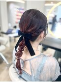 編みおろしアレンジ リボンヘア お呼ばれヘア 平塚