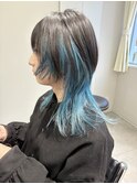 マッシュウルフ/インナーカラー/水色/ロングウルフ