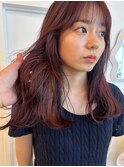 レッドブラウン ブリーチなし 顔周りレイヤー 小顔カット