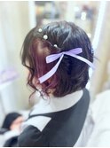 推し活 量産型 ねじりハーフツイン×パールピン×紐リボン