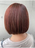 可愛いぱっつん丸みボブ ツヤ髪暖色オレンジブラウン