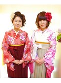 卒業式、謝恩会の、早朝の　ヘアーメイク　袴の着付け