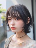 イメチェン　外ハネ　ボブ　美髪　ワイドバング　ブルーブラック