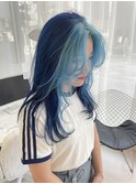 レイヤーカット顔まわりカットネイビーブルーデザインカラー20代