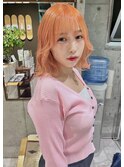 オレンジカラー　コーラルピンク　韓国風カラー　韓国風ボブ