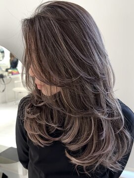 ヨロ 上野(YOLO) ハイライトカラーミルクティーベージュ海外レイヤーカット