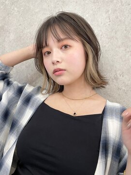 サンク 原宿 表参道(cinq) デザインカラー前髪インナーカラーピンク黒髪イヤリングカラー