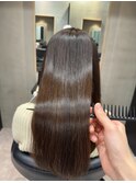 小顔薄めバンググレージュレイヤーロング前髪パーマ黒髪