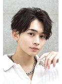 メンズダークアッシュニュアンスパーマ韓国マッシュウルフカット