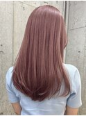 ピンクカラー赤髪ワインレッドブリーチなしダブルカラー長めボブ
