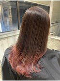 ピンクグラデーション/黒髪/グレーベージュ/レイヤーロング/前髪